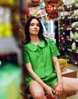 Frances Linen Cropped Blouse - Jade - size M on pre-order for the end of September delivery
