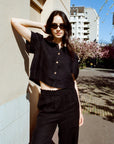 Frances Linen Cropped Blouse - Black