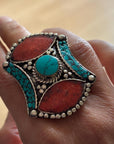 Adjustable Tibetan Silver Ring – Turquoise, Coral & Lapis Inlay