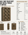 8 Gang 2 Way Antique Brass Cast Metal Toggle Light Switch
