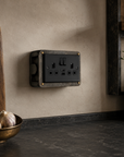 Matt Black Double Gang Plug Socket with Industrial Antique Brass Back Conduit Box