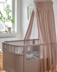 Luxury star canopy for baby cot, premium jetty beige fabric with magical star trim, stylish and calming nursery decor by Ella James at brixbailey.com