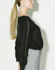 Black ruffled blouse, luxury puff sleeve top with lace inserts, premium eyelet fabric, romantic and edgy design, best-selling fashion by GILD at brixbailey.com