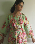 Mint Floral Knee Length, Kimono Crossover Belted Robe-1