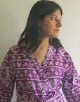 Purple Aztec Knee Length, Kimono Crossover Belted Robe-1