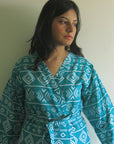 Teal Aztec Knee Length, Kimono Crossover Belted Robe-0