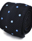 navy blue skinny knitted tie with light blue polka dots