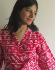 Red Aztec Knee Length, Kimono Crossover Belted Robe-0