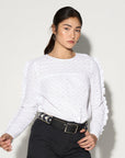 Black ruffled blouse, premium cut-out eyelet fabric, romantic puff sleeve top with lace inserts, stylish and edgy by GILD at brixbailey.com