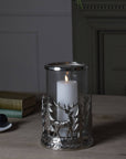 Silver stag hurricane lantern with frosted glass, intricate woodland metalwork in elegant silver finish by sostter at brixbailey.com