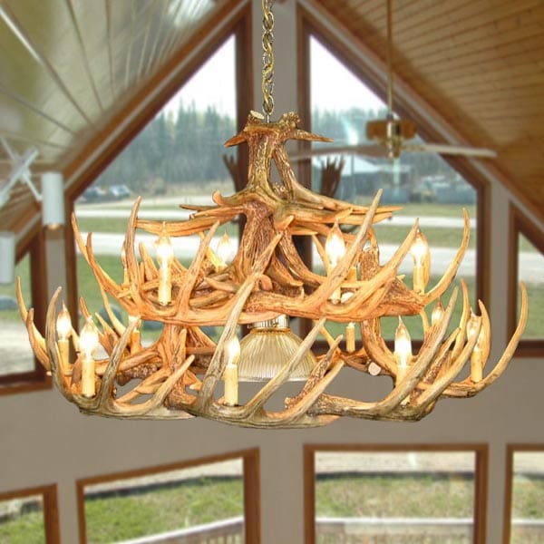 Large 24-inch antler chandelier by Brix Bailey with two-tier lights and antique brass chain at www.brixbailey.com
