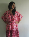 Coral Chevron Dots V-Neck Button Down to Waist, Knee Length, Cinched Waist Caftan