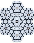 Luxury Ella White porcelain hex tiles, premium anti-slip floral patterned floor and wall tiles, stylish black and white design by Maria Starling Design at brixbailey.com