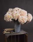Hand-painted cream hydrangea stem with blush tones, realistic plastic petals, 42cm tall for home decor or weddings. by Sostter at brixbailey.com