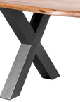 Handcrafted acacia wood dining table with live edges and metal cross-frame base, seats 8, natural brown with grey accents. by Sostter at brixbailey.com