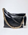 Black Leather Handbag with Metallic Accents, Crossbody
