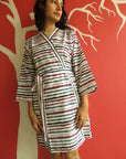 White Blue Striped Knee Length, Kimono Crossover Belted Robe-0
