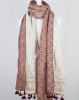 Double Sided Ajrakh Print Silk and Woolen Embroidered Scarf - Orange Off White