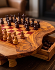 Handcrafted Olive Wood Chess Set with Drawer | Live Edge Red or Black Board