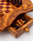 Handcrafted Olive Wood Chess Set with Drawer | Live Edge Red or Black Board