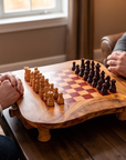 Handcrafted Olive Wood Chess Set with Drawer | Live Edge Red or Black Board