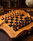 Handcrafted Olive Wood Chess Set with Drawer | Live Edge Red or Black Board