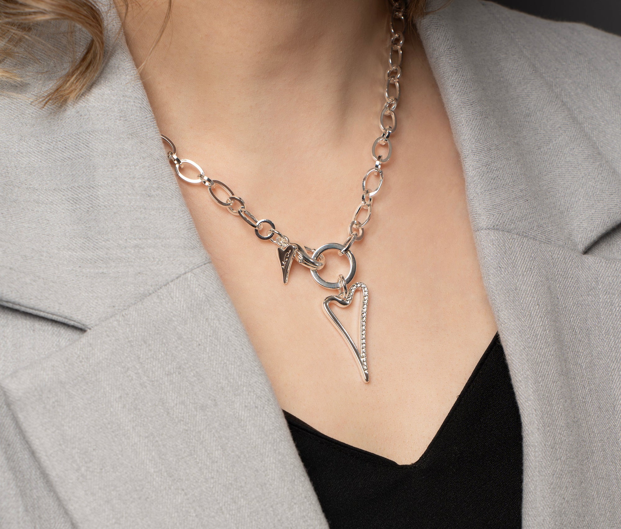 Luxury Miss Dee silver plated necklace with hollow diamante heart pendant, stylish chain, lobster clasp, handcrafted jewelry by missdeeuk at brixbailey.com