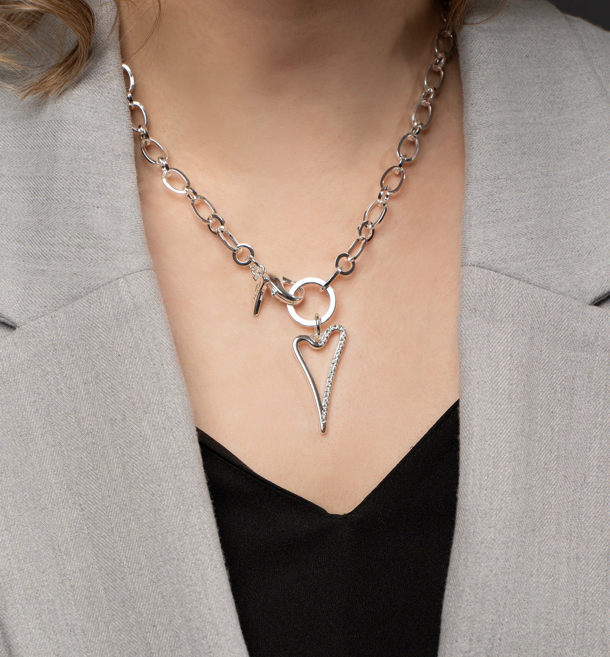 Luxury silver heart necklace, stylish Miss Dee hollow half diamante pendant on premium silver plated chain, handcrafted Swedish jewelry by missdeeuk at brixbailey.com