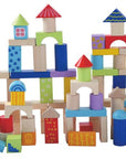 a vibrant tower of colorful wooden blocks being playfully stacked by a child's hands