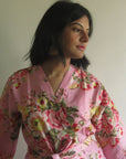 Pink Floral Knee Length, Kimono Crossover Belted Robe-0