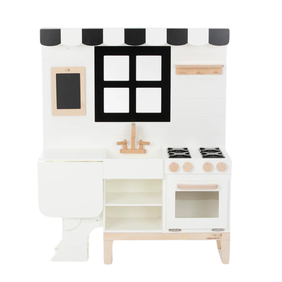 White and black farmhouse play kitchen by 2MamaBees with chalkboard and turning faucet at www.brixbailey.com