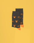 Novelty party socks with glasses and mustache, premium cotton-rich, ultra-snug, trending holiday style, grey-orange cherry-cyan by Body and I at brixbailey.com