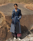 Luxury upcycled denim trench coat, patchwork multicolor, handcrafted premium cotton, stylish notch collar, tie-up belt, limited edition by Bethikal at brixbailey.com