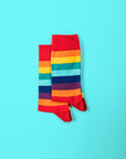 Crew-length rainbow striped socks, premium soft breathable cotton, trendy colorful striped design, best-selling stylish everyday socks by Body and I at brixbailey.com