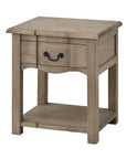 Handcrafted French provincial side table with drawer and shelf in warm brown hardwood, black iron handles by Sostter at brixbailey.com