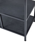 Black metal industrial shelf unit with asymmetrical seven-shelf design and lattice framework for modern home decor. by Sostter at brixbailey.com