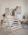 bold toddler climbing triangle in sunlight with confident child reaching top
