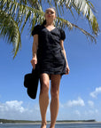 INES Black Shift Dress with Puff Shoulders