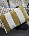 Luxury handcrafted olive green cushion cover, premium cotton velvet and linen blend, modern wide stripes, 60x40 cm, includes feather pad by Ella James at brixbailey.com