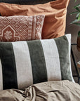 Luxury handmade green amber linen and velvet cushion cover, premium cotton velvet and linen, stylish broad stripes, 60x40 cm by Ella James at brixbailey.com