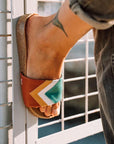 Premium vegan sandals in turquoise ocean white mustard terracotta, comfortable strap, soft anatomical footbed, slip-resistant sole, durable, eco-friendly by Fünve at brixbailey.com