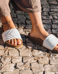 Premium white vegan sandals with comfortable straps, cushioned footbed, non-slip sole, sustainable fair fashion by Fünve at brixbailey.com