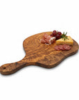 Olive Wood Medium Cutting Board with Handle 39 Handmade Olive Wood Round Freeform Charcuterie Board with Handle | Large Live Edge Cheese & Antipasti Serving Board | Bold Natural Grain | 33–46 cm