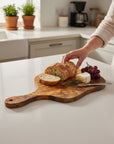 Olive Wood Medium Cutting Board with Handle 39 Handmade Olive Wood Round Freeform Charcuterie Board with Handle | Large Live Edge Cheese & Antipasti Serving Board | Bold Natural Grain | 33–46 cm