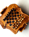 Handcrafted Olive Wood Chess Set with Drawer | Live Edge Red or Black Board