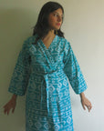 Teal Aztec Knee Length, Kimono Crossover Belted Robe-1