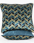 Geometric Chevron Hand Block Print Mashru Silk Cushion Cover - Blue Black