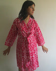 Red Aztec Knee Length, Kimono Crossover Belted Robe-1