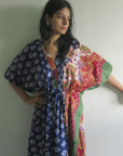 Blue Floral Bordered V-Neck Button Down to Waist, Ankle Length, Cinched Waist Caftan-4