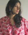 Coral Chevron Dots V-Neck Button Down to Waist, Knee Length, Cinched Waist Caftan
